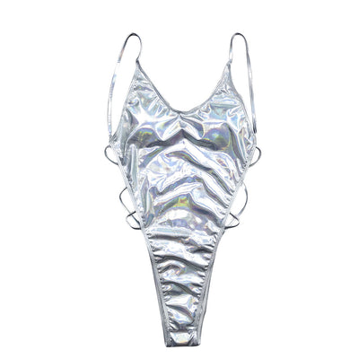 Silver holographic one-piece swimsuit with high-cut leg, V-neck, and braided rope details on the sides. - Image 11