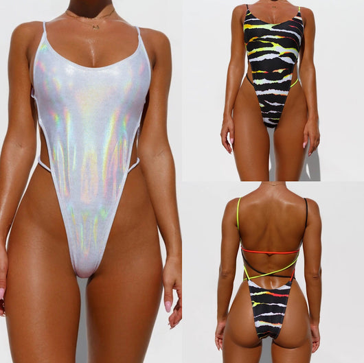 Silver holographic one-piece swimsuit with high-cut leg, V-neck, and braided rope details on the sides. - Image 6