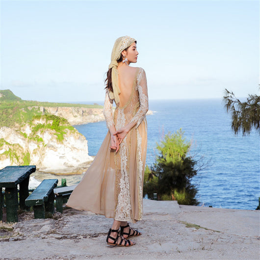 Vestido Largo Étnico de Encaje y Gasa con Escote Halter para Viajes y Sesiones Fotográficas - Image 9
