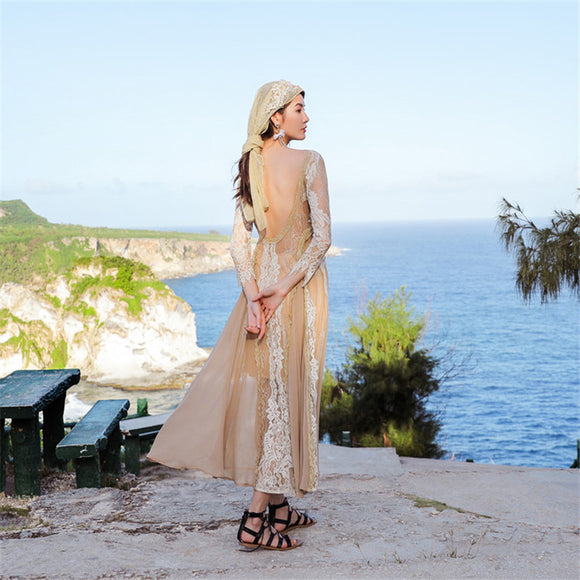 Vestido Longo Étnico de Renda e Chiffon com Gola Halter para Viagens e Sessões de Fotos