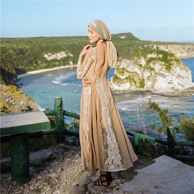 Vestido Largo Étnico de Encaje y Gasa con Escote Halter para Viajes y Sesiones Fotográficas - Image 4