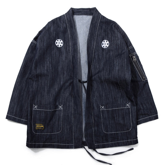 Cardigan Kimono Denim Bordado Estilo Japonés