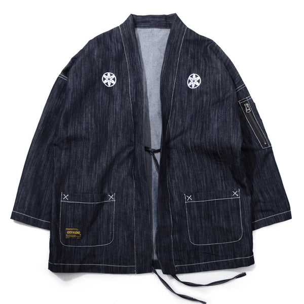 Cardigan Kimono Denim Bordado Estilo Japonés