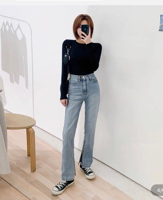 Jeans Rectos de Tiro Alto con Abertura Lateral para Mujer