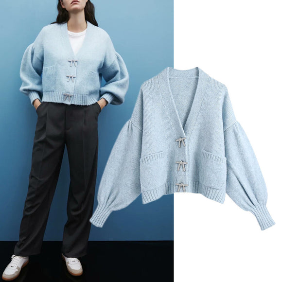 Cardigan Tejido con Mangas Empalmes - Suéter Elegante y Versátil