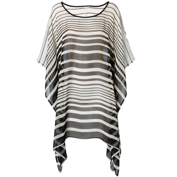 Blusa Playera de Lino Rayas Blanco y Negro - Falda Playa Suelta Protección Solar
