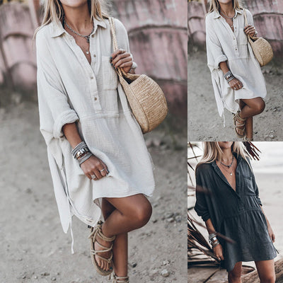 Vestido Midi V-Escote en Algodón y Lino