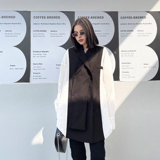 Blusa Oversized Bandage Blanco y Negro - Cuello Camisero Manga Larga Talla Grande - Image 7