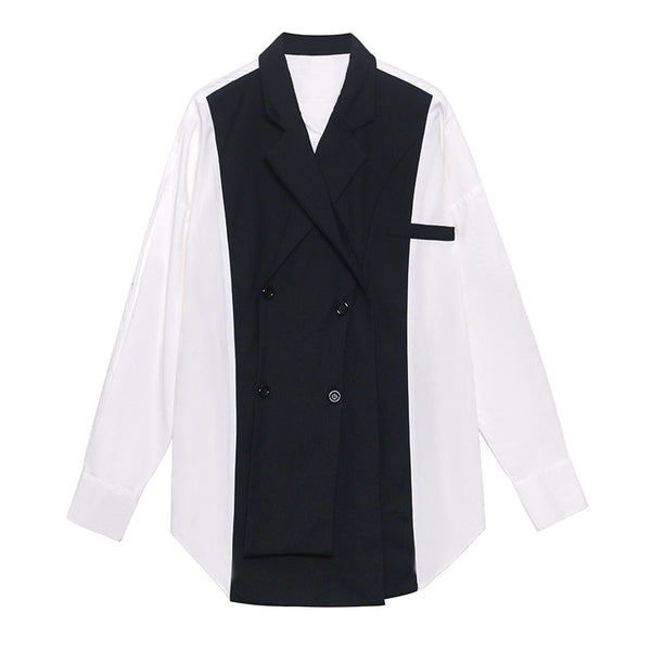 Blusa Oversized Bandage Blanco y Negro - Cuello Camisero Manga Larga Talla Grande