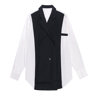 Blusa Oversized Bandage Blanco y Negro - Cuello Camisero Manga Larga Talla Grande