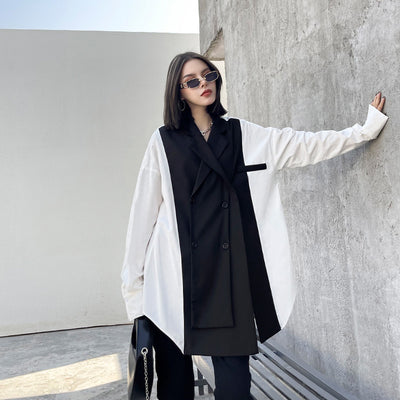 Blusa Oversized Bandage Blanco y Negro - Cuello Camisero Manga Larga Talla Grande - Image 5