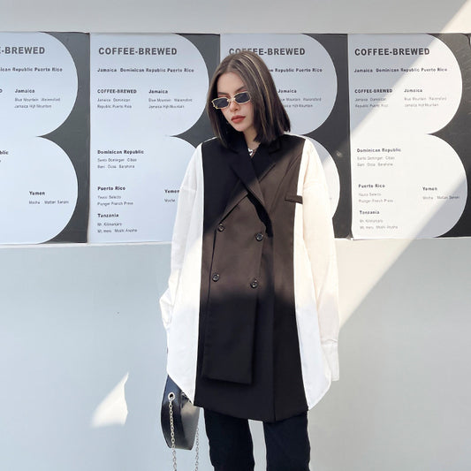 Blusa Oversized Bandage Blanco y Negro - Cuello Camisero Manga Larga Talla Grande - Image 2