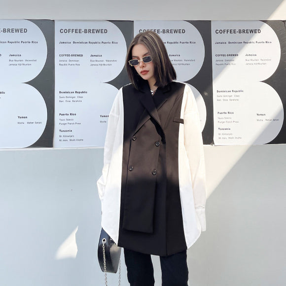Blusa Oversized Bandage Blanco y Negro - Cuello Camisero Manga Larga Talla Grande