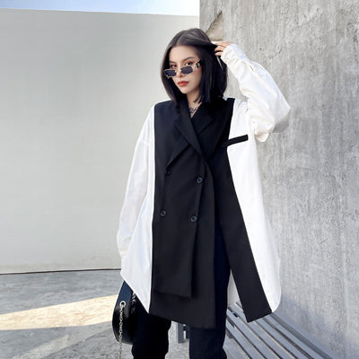 Blusa Oversized Bandage Blanco y Negro - Cuello Camisero Manga Larga Talla Grande - Image 3