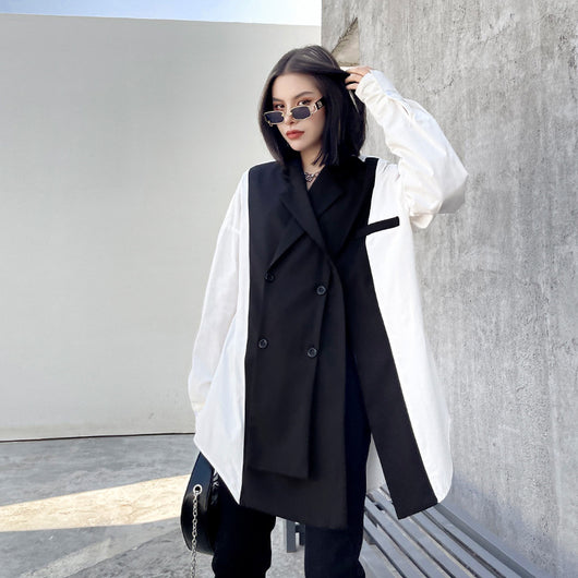 Blusa Oversized Bandage Blanco y Negro - Cuello Camisero Manga Larga Talla Grande - Image 3