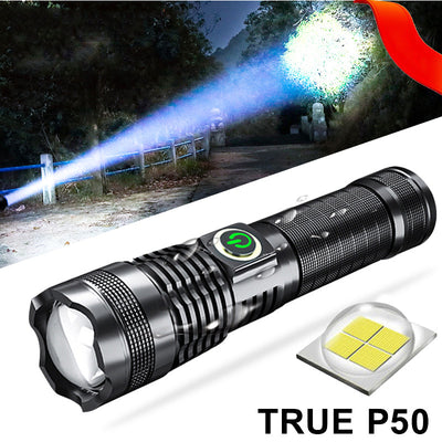 Linterna LED P50 Recargable USB con Zoom y Pantalla de Batería