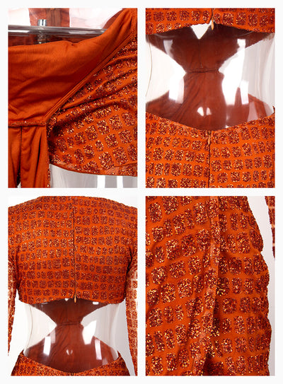 Vestido de Fiesta Escote Profundo Manga Larga Mini Falda Naranja - Image 11