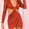 Vestido de Fiesta Escote Profundo Manga Larga Mini Falda Naranja