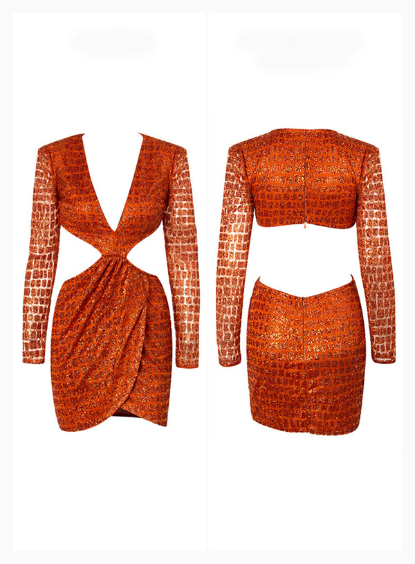 Vestido de Fiesta Escote Profundo Manga Larga Mini Falda Naranja