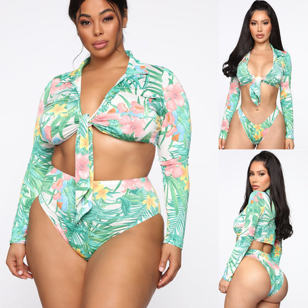 Traje de Baño Talla Grande de Manga Larga Cintura Alta