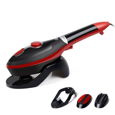 Blue and white handheld garment steamer with a stand and two brush attachments on a white background. - Image 9