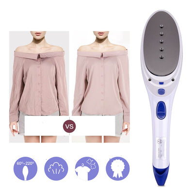 Blue and white handheld garment steamer with a stand and two brush attachments on a white background. - Image 8