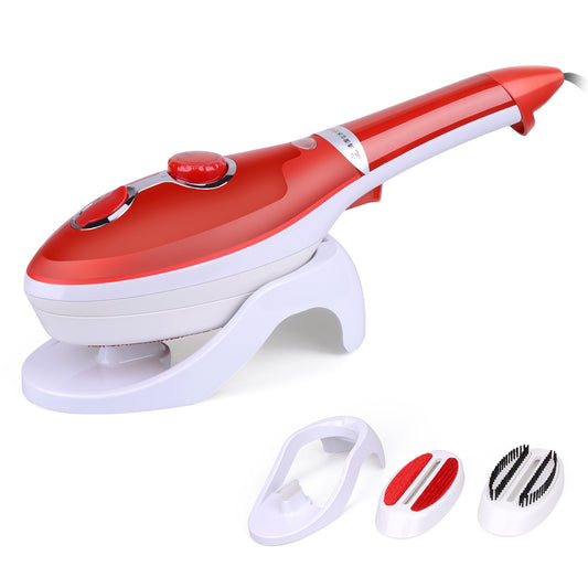 Blue and white handheld garment steamer with a stand and two brush attachments on a white background.