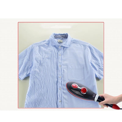 Blue and white handheld garment steamer with a stand and two brush attachments on a white background. - Image 4