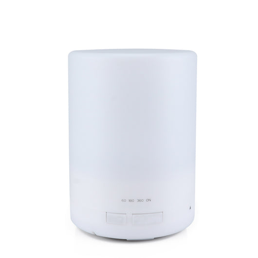 Cylindrical ultrasonic aroma diffuser with a white body and dark wood grain base and top, featuring timer settings. - Image 6