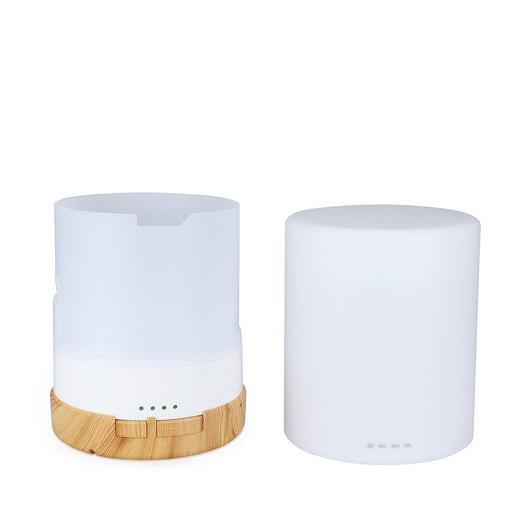 Cylindrical ultrasonic aroma diffuser with a white body and dark wood grain base and top, featuring timer settings. - Image 10
