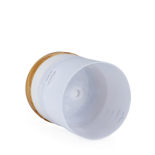 Cylindrical ultrasonic aroma diffuser with a white body and dark wood grain base and top, featuring timer settings. - Image 11
