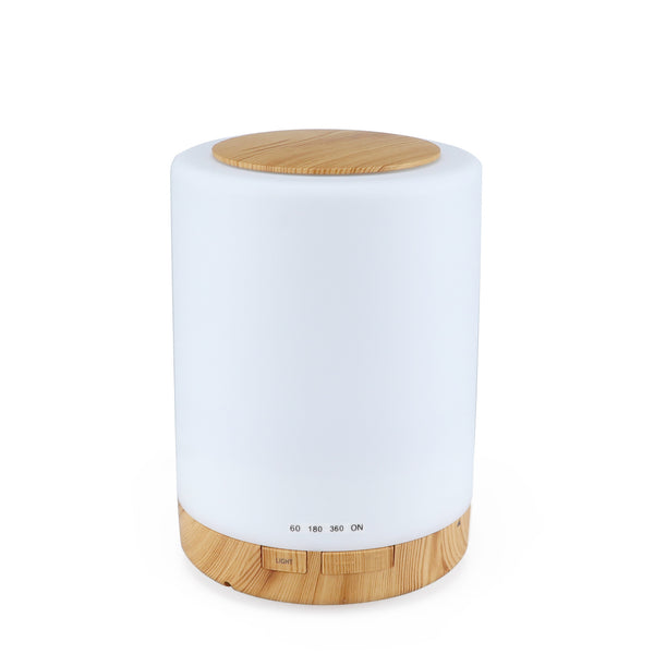 Cylindrical ultrasonic aroma diffuser with a white body and dark wood grain base and top, featuring timer settings. - Image 3