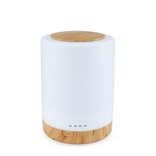 Cylindrical ultrasonic aroma diffuser with a white body and dark wood grain base and top, featuring timer settings. - Image 3
