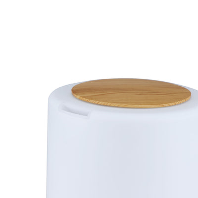 Cylindrical ultrasonic aroma diffuser with a white body and dark wood grain base and top, featuring timer settings. - Image 4