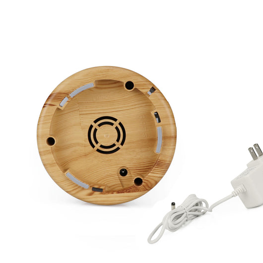 Cylindrical ultrasonic aroma diffuser with a white body and dark wood grain base and top, featuring timer settings. - Image 5