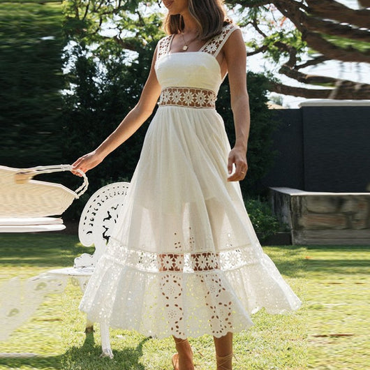 Vestido Largo Elegante con Encaje Calado y Detalles Hueco - Image 9