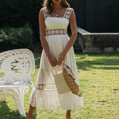 Vestido Largo Elegante con Encaje Calado y Detalles Hueco - Image 2