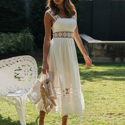 Vestido Largo Elegante con Encaje Calado y Detalles Hueco - Image 3