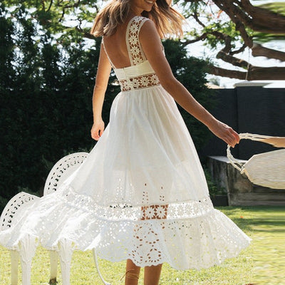 Vestido Largo Elegante con Encaje Calado y Detalles Hueco - Image 5