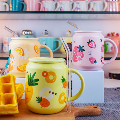 Taza Térmica de Cerámica con Tapa, Cuchara y Diseño Frutal Veraniego - Image 4