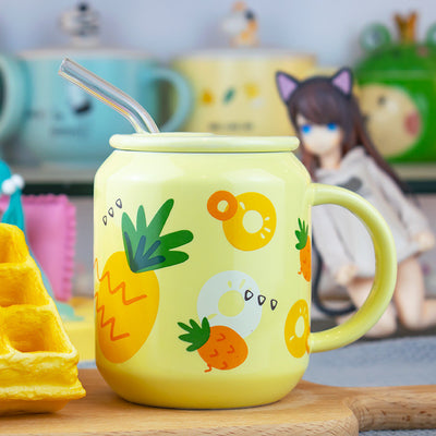 Taza Térmica de Cerámica con Tapa, Cuchara y Diseño Frutal Veraniego - Image 3