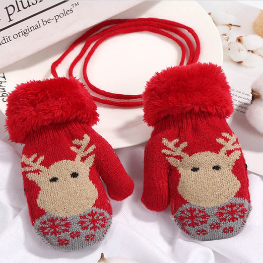 Guantes Infantiles Invierno con Diseño Navideño y Cordón de Seguridad