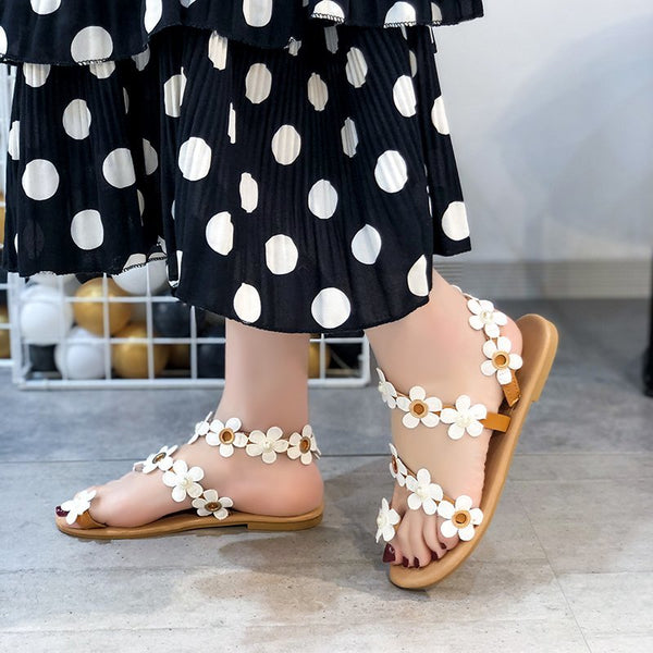 Sandalias Romanas Plus Size para Mujer - Cómodas Planas con Flores para Playa