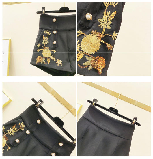Pantalones Cortos Retro Bordados con Cintura Alta y Hebilla Perla para Mujer - Image 9