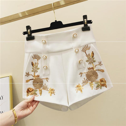Pantalones Cortos Retro Bordados con Cintura Alta y Hebilla Perla para Mujer - Image 8