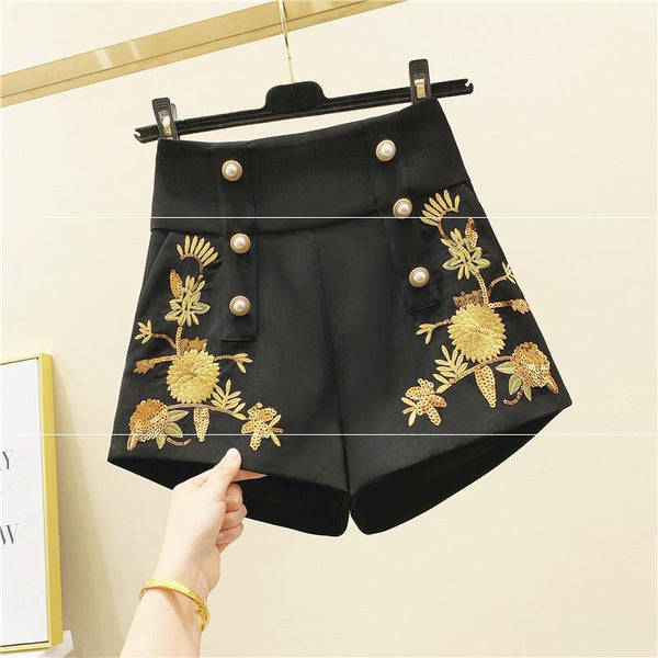 Pantalones Cortos Retro Bordados con Cintura Alta y Hebilla Perla para Mujer