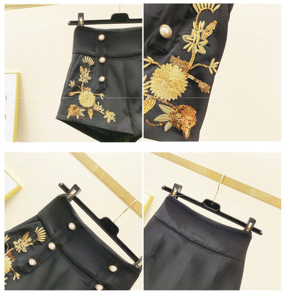 Pantalones Cortos Retro Bordados con Cintura Alta y Hebilla Perla para Mujer - Image 5