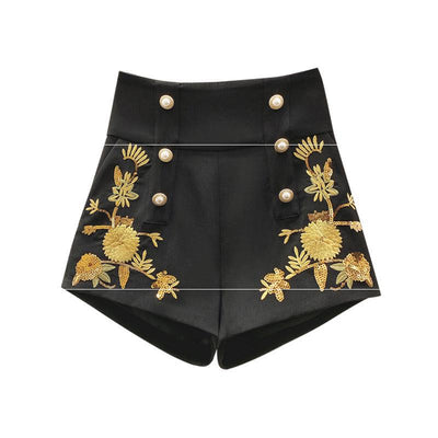 Pantalones Cortos Retro Bordados con Cintura Alta y Hebilla Perla para Mujer - Image 3