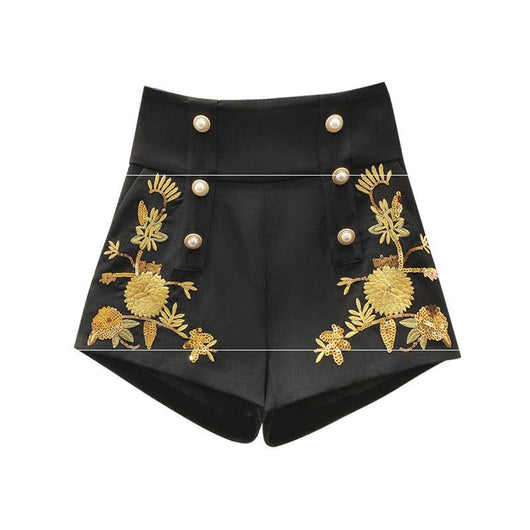 Pantalones Cortos Retro Bordados con Cintura Alta y Hebilla Perla para Mujer - Image 3