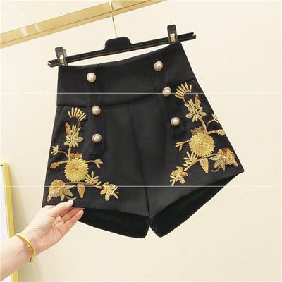 Pantalones Cortos Retro Bordados con Cintura Alta y Hebilla Perla para Mujer - Image 4